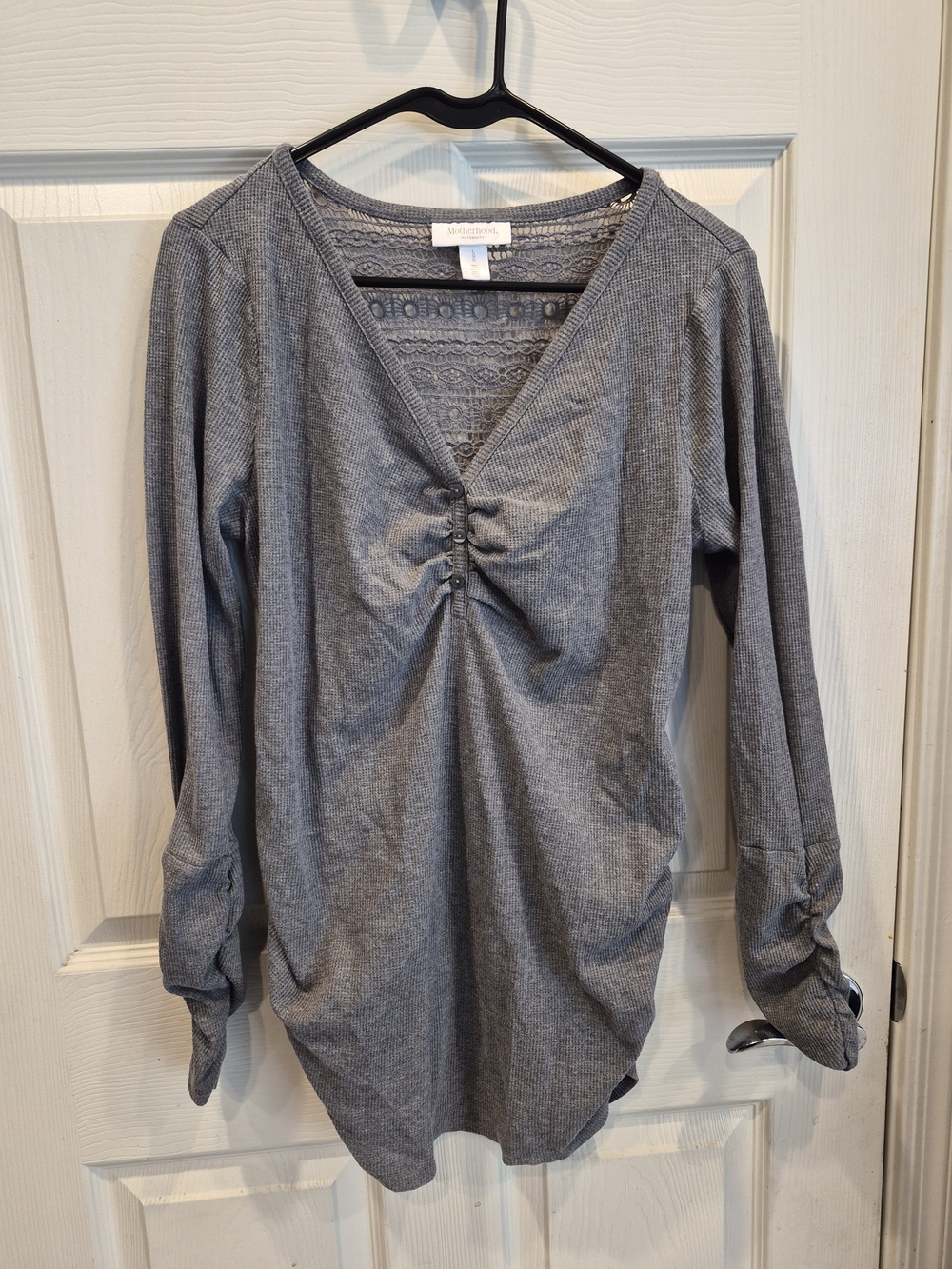 5/25 Heather Gray Lace-Yoke Ruched V-Neck Long Sleeve Tee